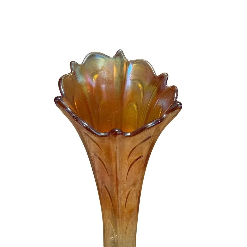Vintage Amber Carnival Glass Trumpet Vase Iridescent Tall Floral